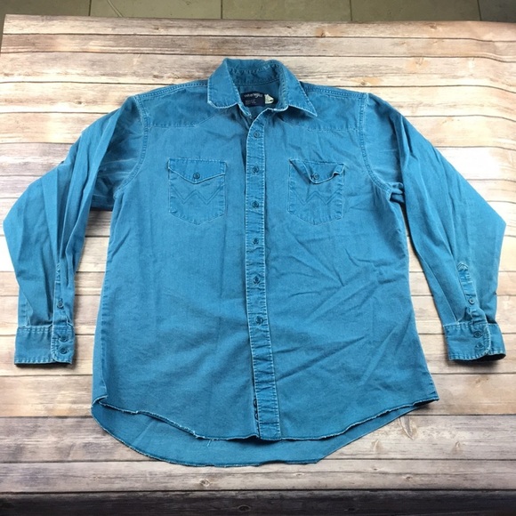VINTAGE WRANGLER REGULAR FIT PRESHRUNK BLUE BUTTON DOWN COWBOY EQUESTRIAN - Picture 1 of 5